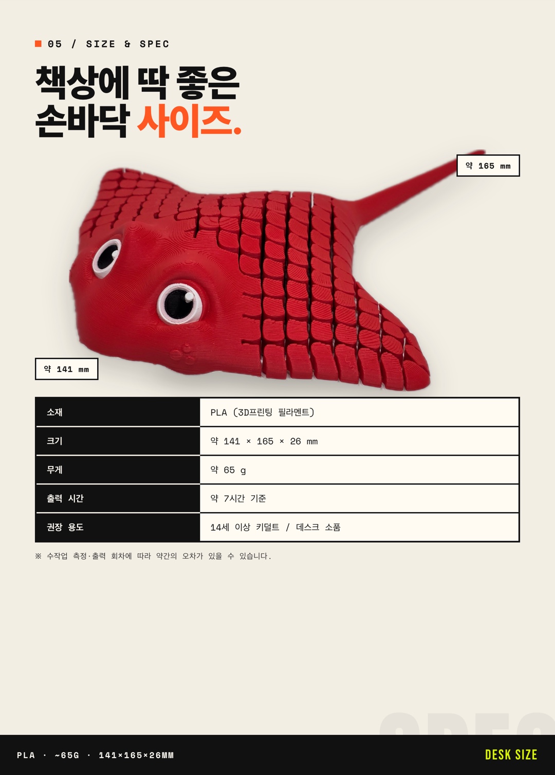 사이즈·스펙 안내 — 약 141×165×26mm, PLA, 약 65g